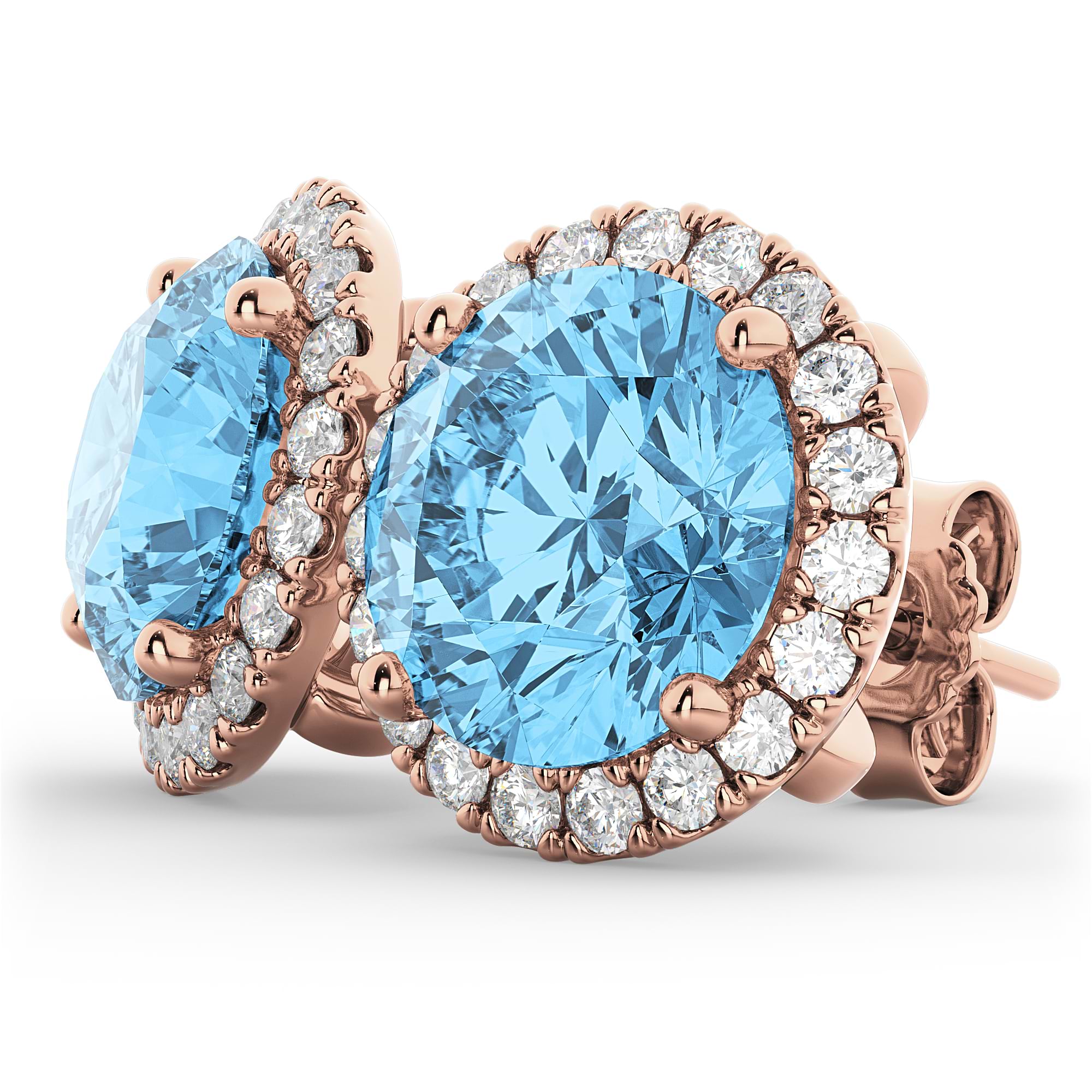 Halo Round Blue Topaz & Diamond Earrings 14k Rose Gold (5.57ct)