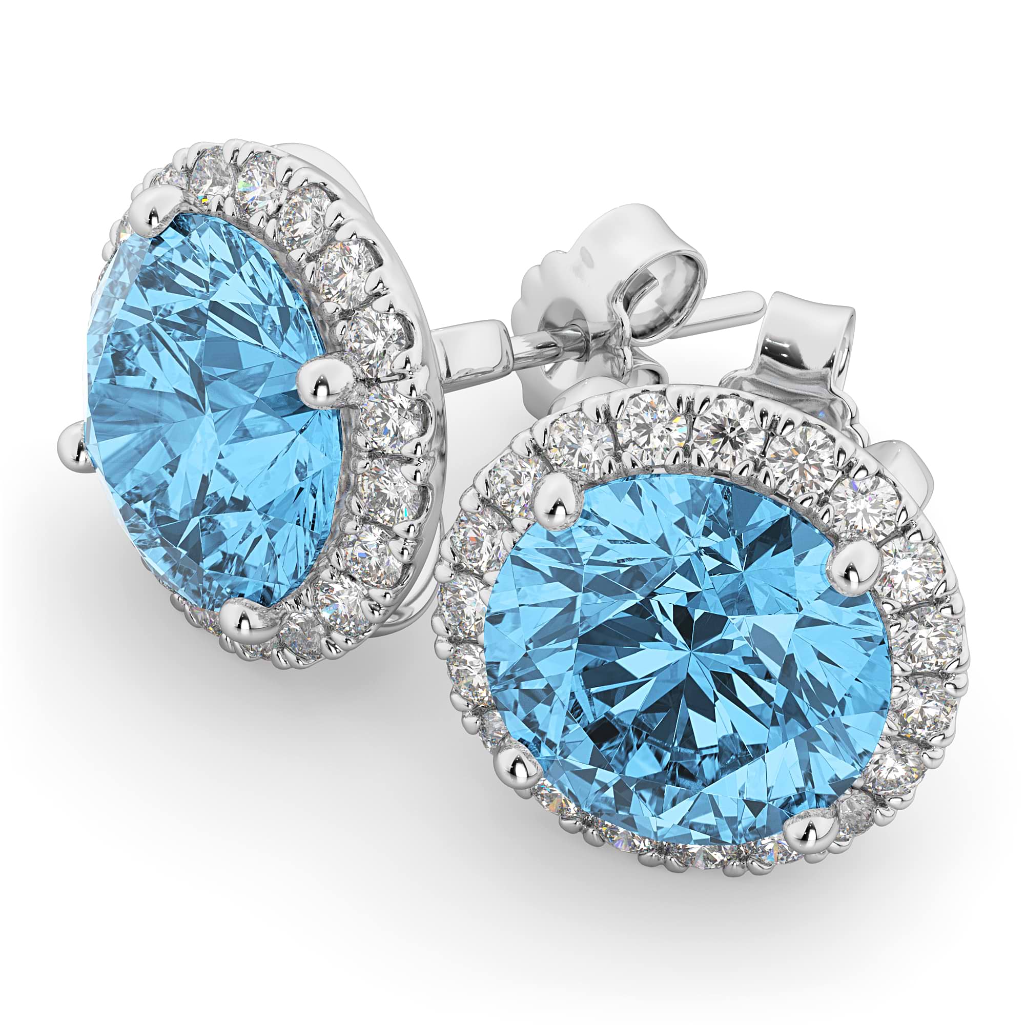 Halo Round Blue Topaz & Diamond Earrings 14k White Gold (5.57ct)