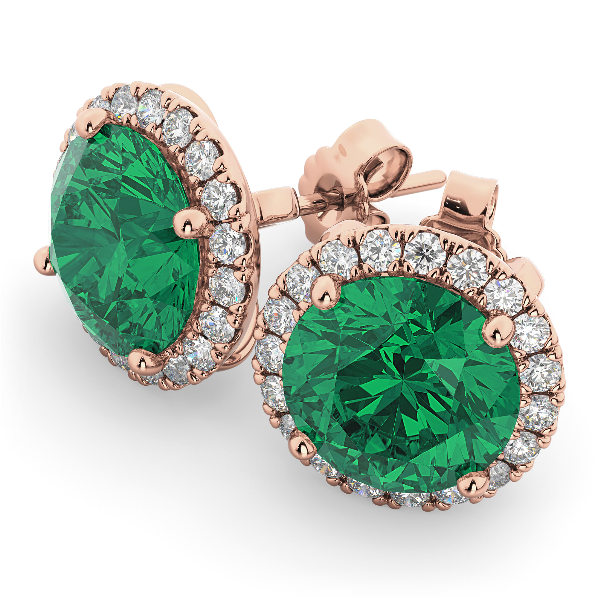Halo Round Emerald & Diamond Earrings 14k Rose Gold (4.97ct)