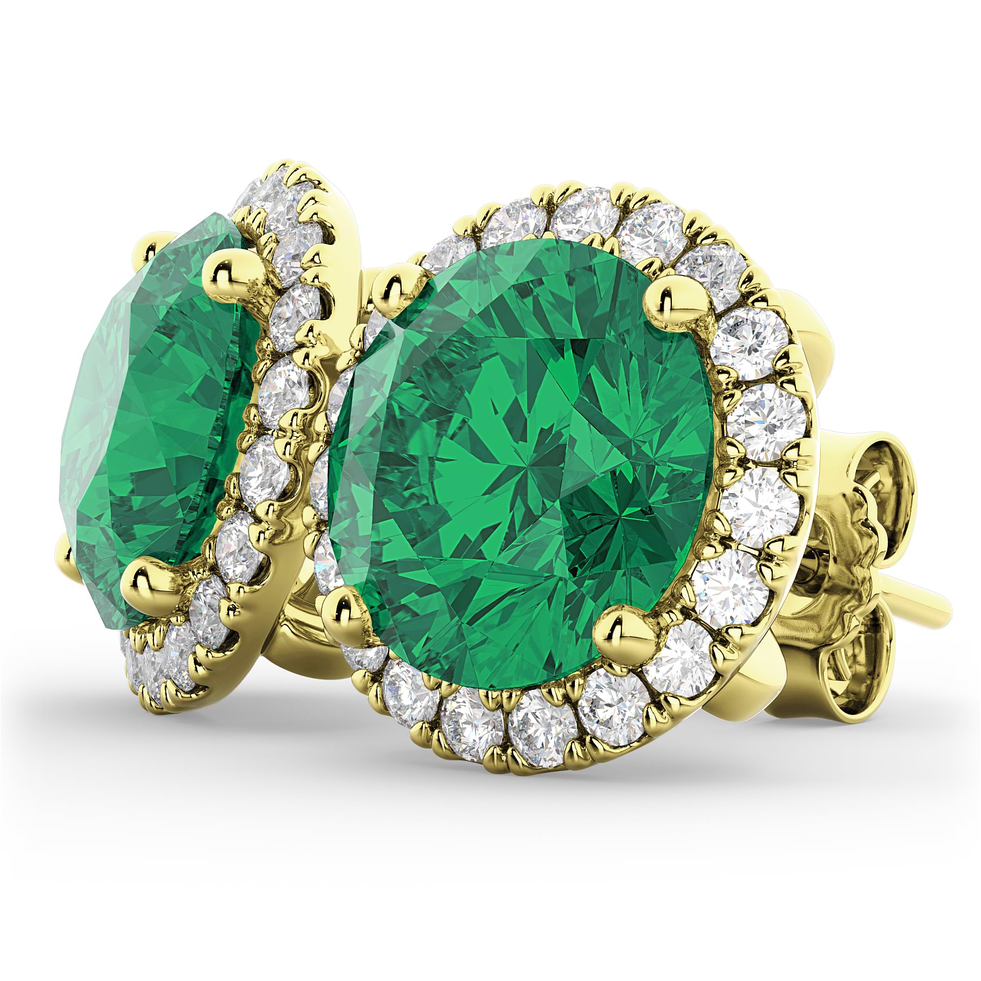 Halo Round Emerald & Diamond Earrings 14k Yellow Gold (4.97ct)
