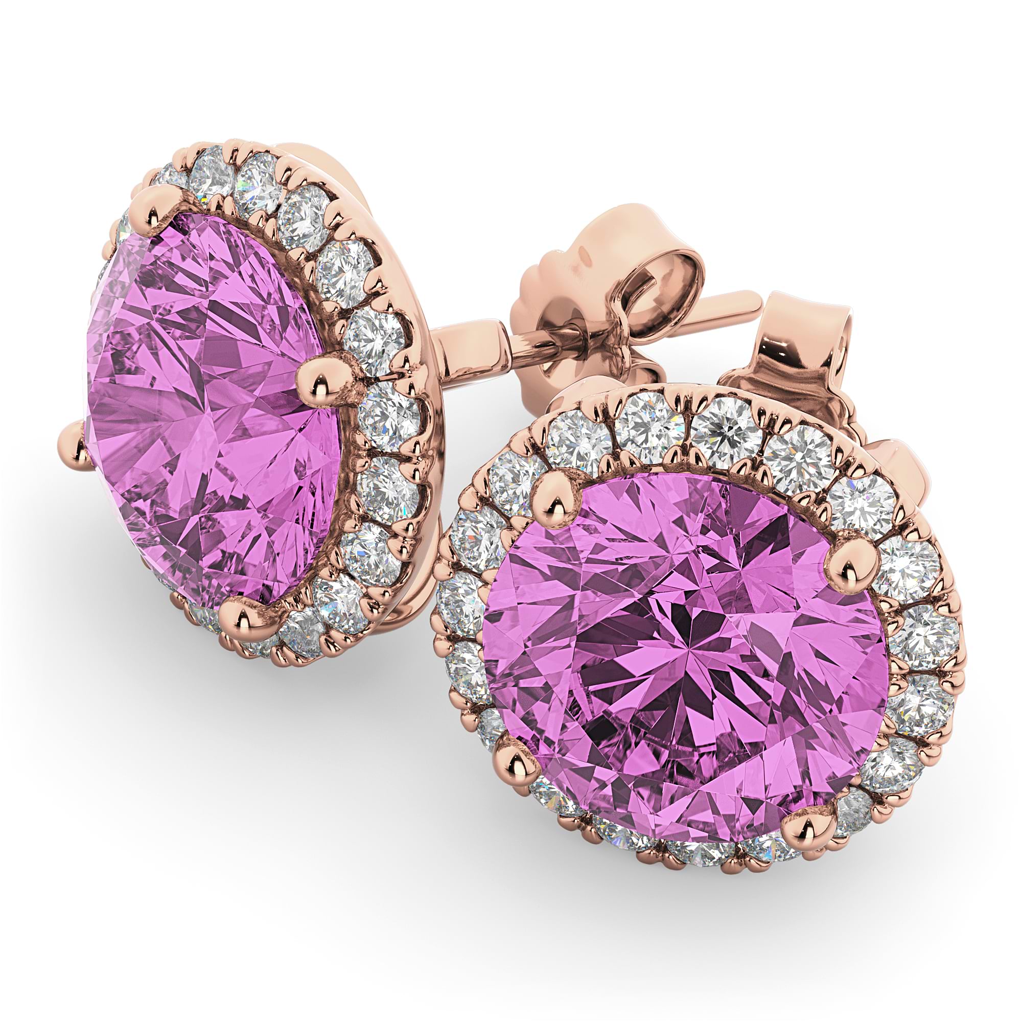 Halo Round Pink Sapphire & Diamond Earrings 14k Rose Gold (5.17ct)