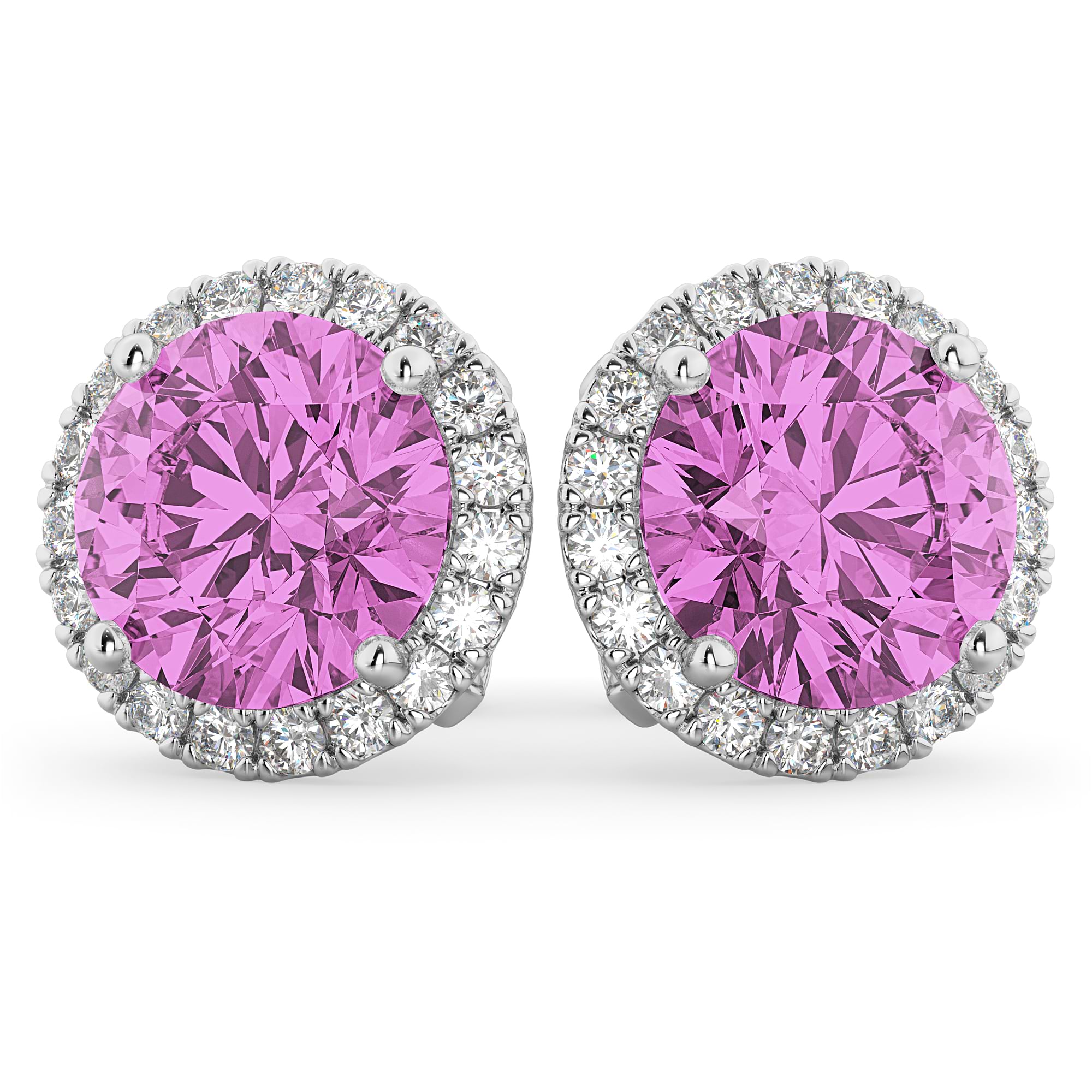 Halo Round Pink Sapphire & Diamond Earrings 14k White Gold (5.17ct)