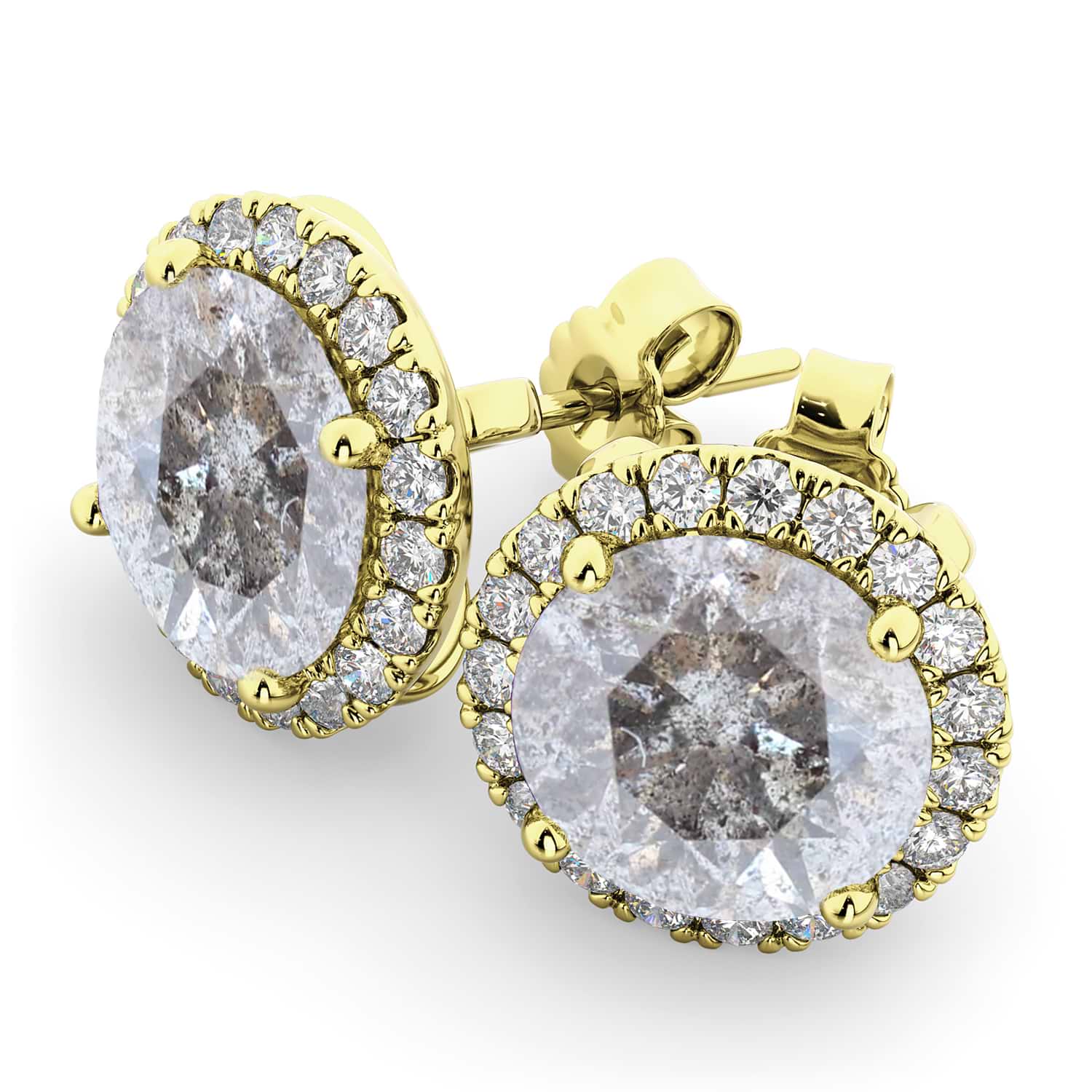 Halo Round Salt & Pepper Diamond & Diamond Earrings 14k Yellow Gold (4.57ct)