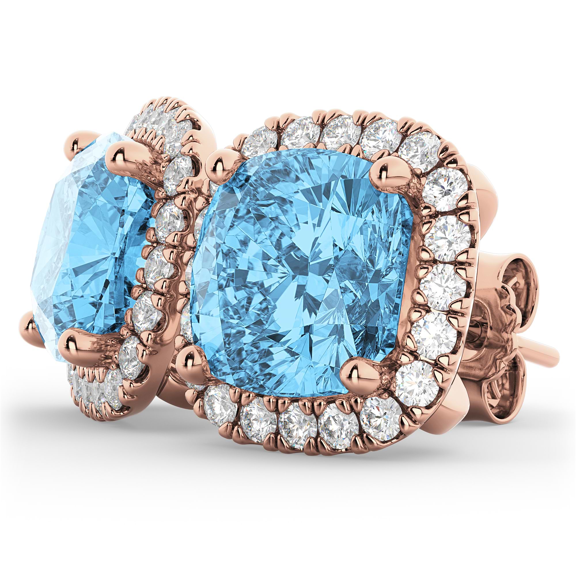Halo Cushion Blue Topaz & Diamond Earrings 14k Rose Gold (4.04ct)