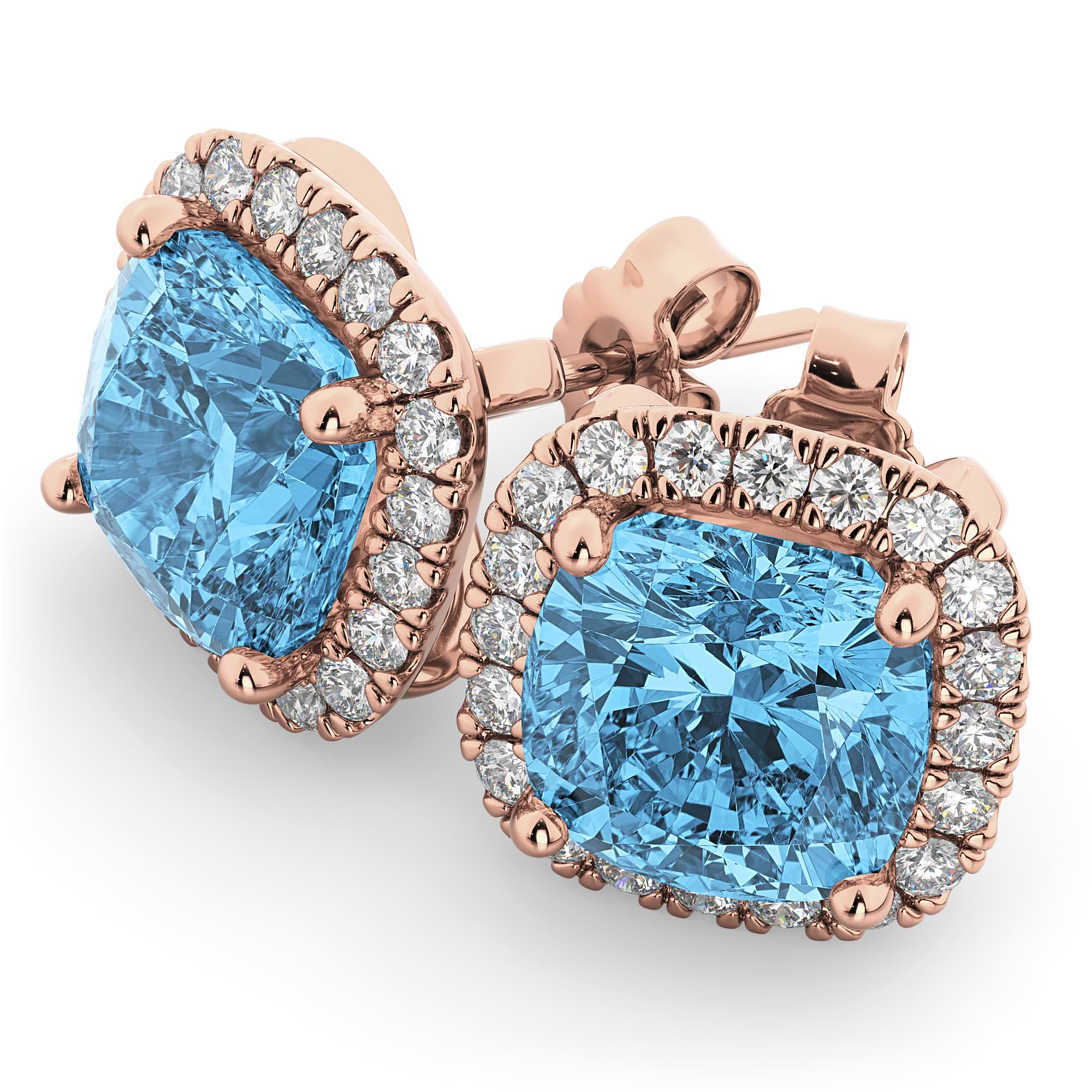 Halo Cushion Blue Topaz & Diamond Earrings 14k Rose Gold (4.04ct)