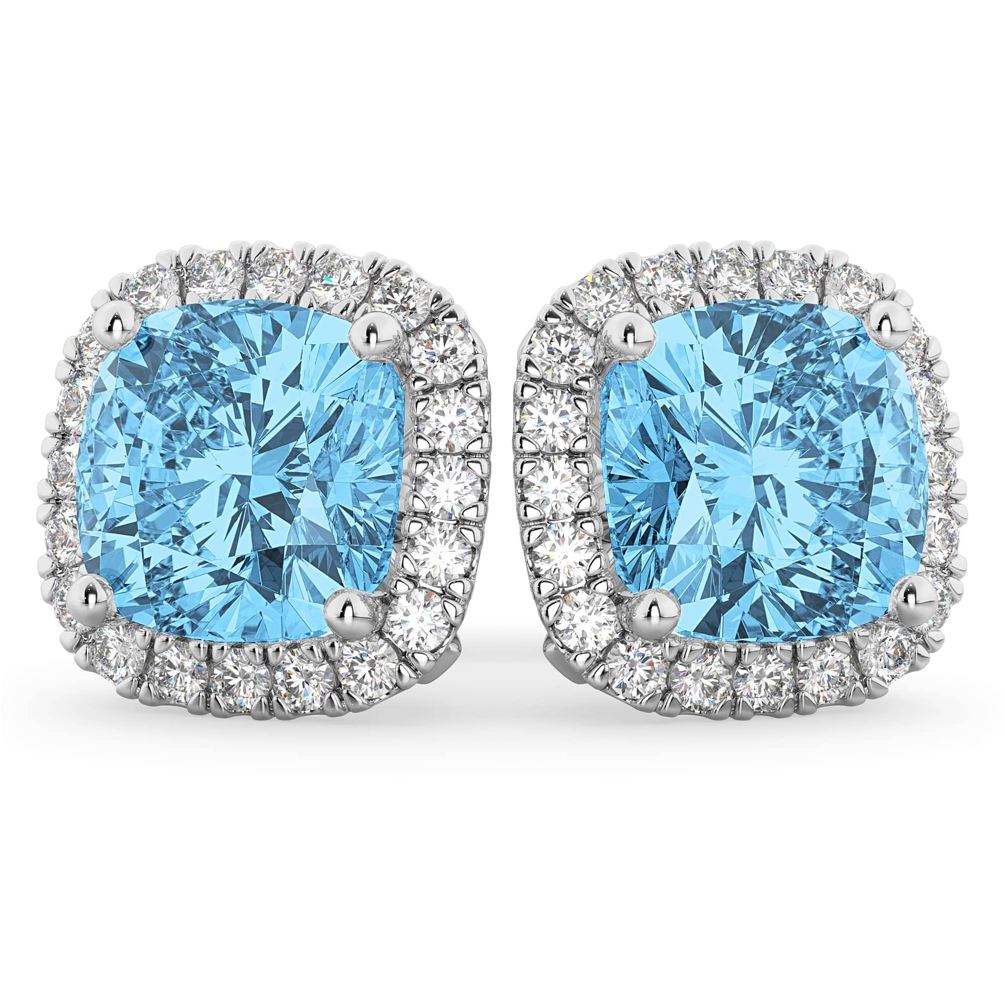 Halo Cushion Blue Topaz & Diamond Earrings 14k White Gold (4.04ct)