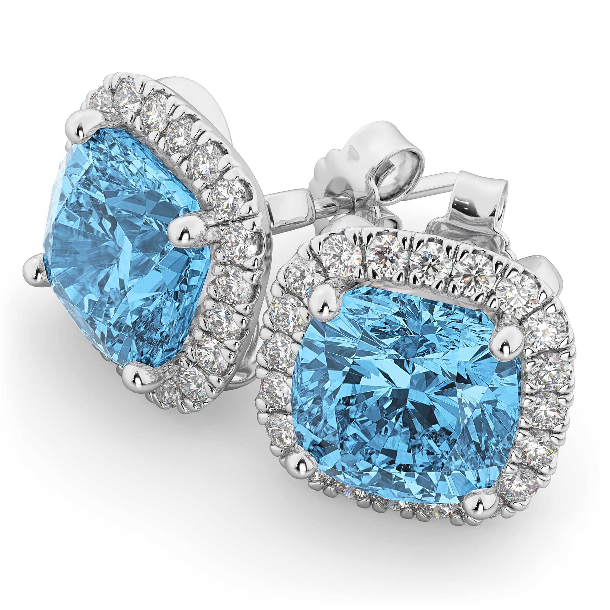 Halo Cushion Blue Topaz & Diamond Earrings 14k White Gold (4.04ct)