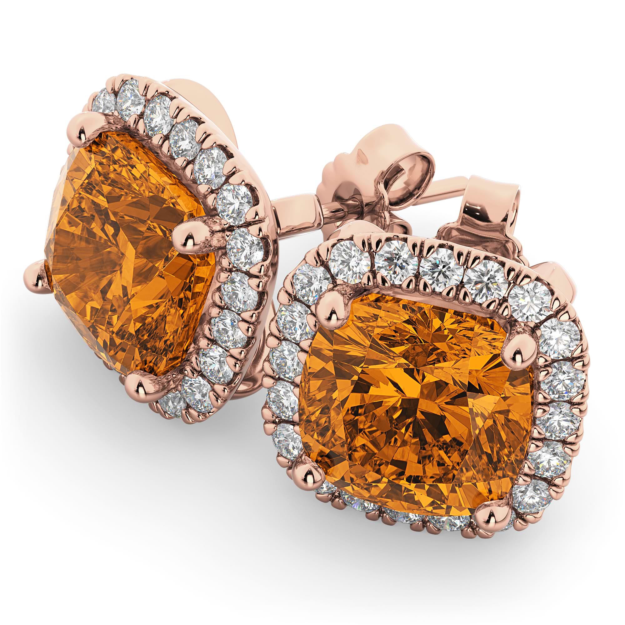 Halo Cushion Citrine & Diamond Earrings 14k Rose Gold (4.04ct)
