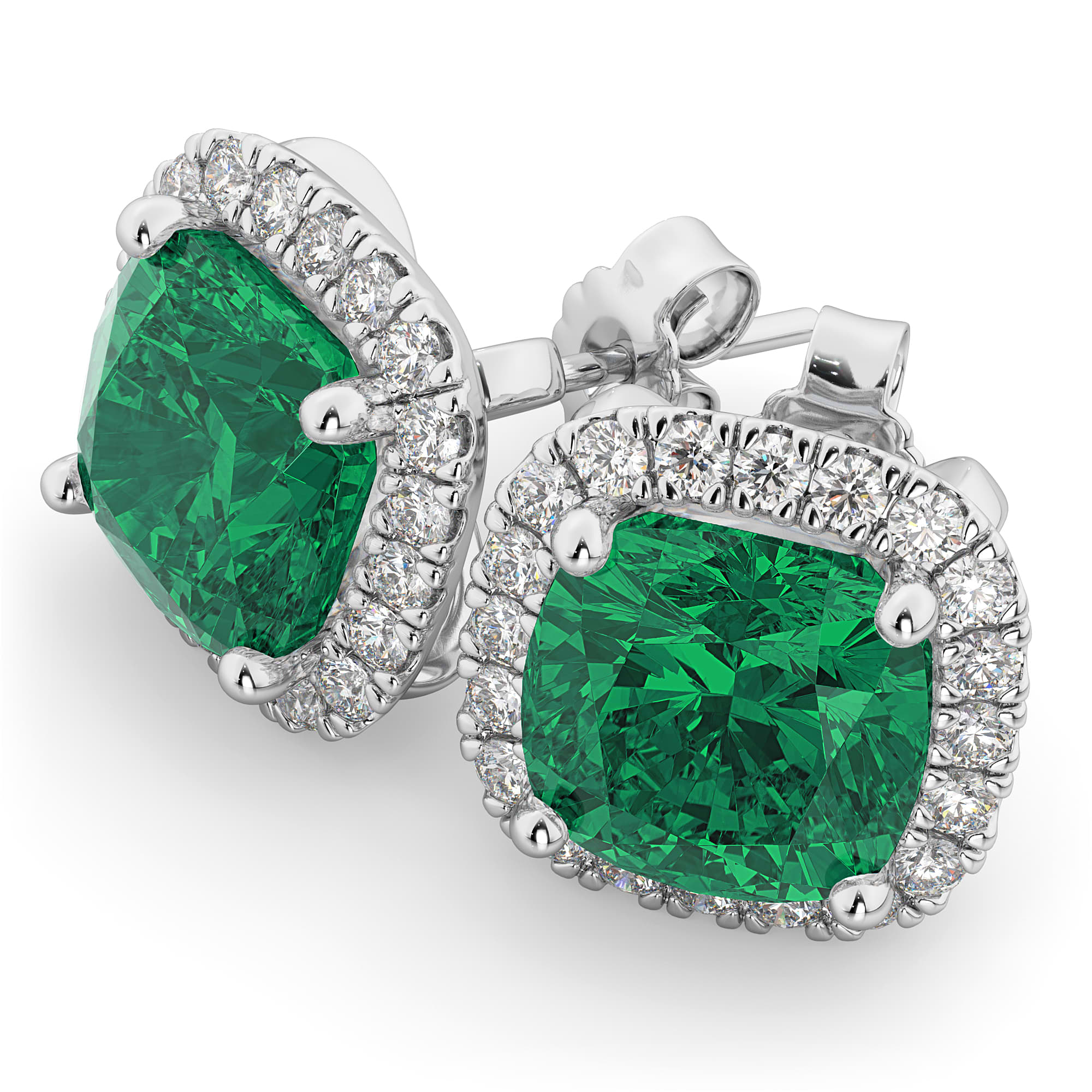 Halo Cushion Emerald & Diamond Earrings 14k White Gold (4.04ct)