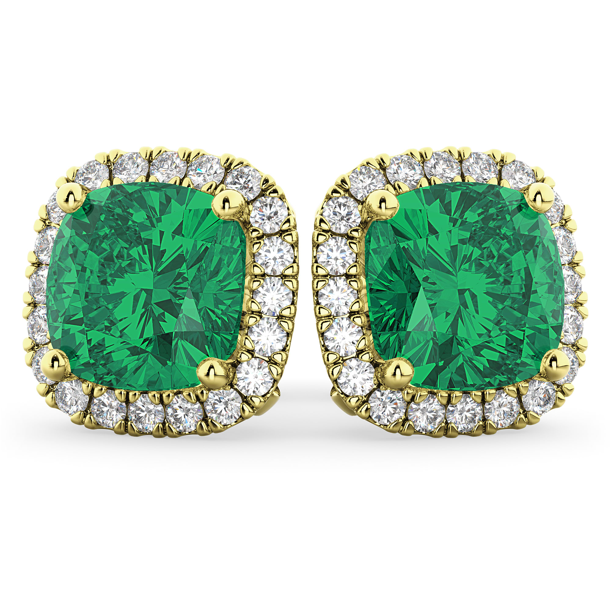 Halo Cushion Emerald & Diamond Earrings 14k Yellow Gold (4.04ct)