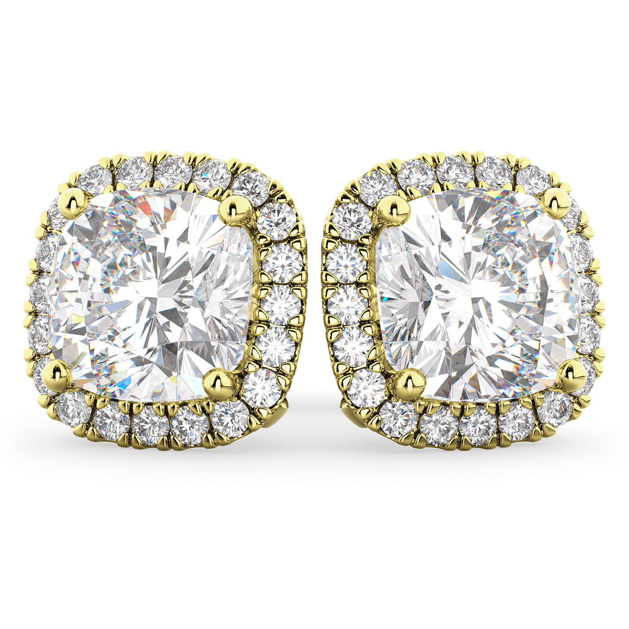 Halo Cushion Moissanite & Diamond Earrings 14k Yellow Gold (3.52ct)