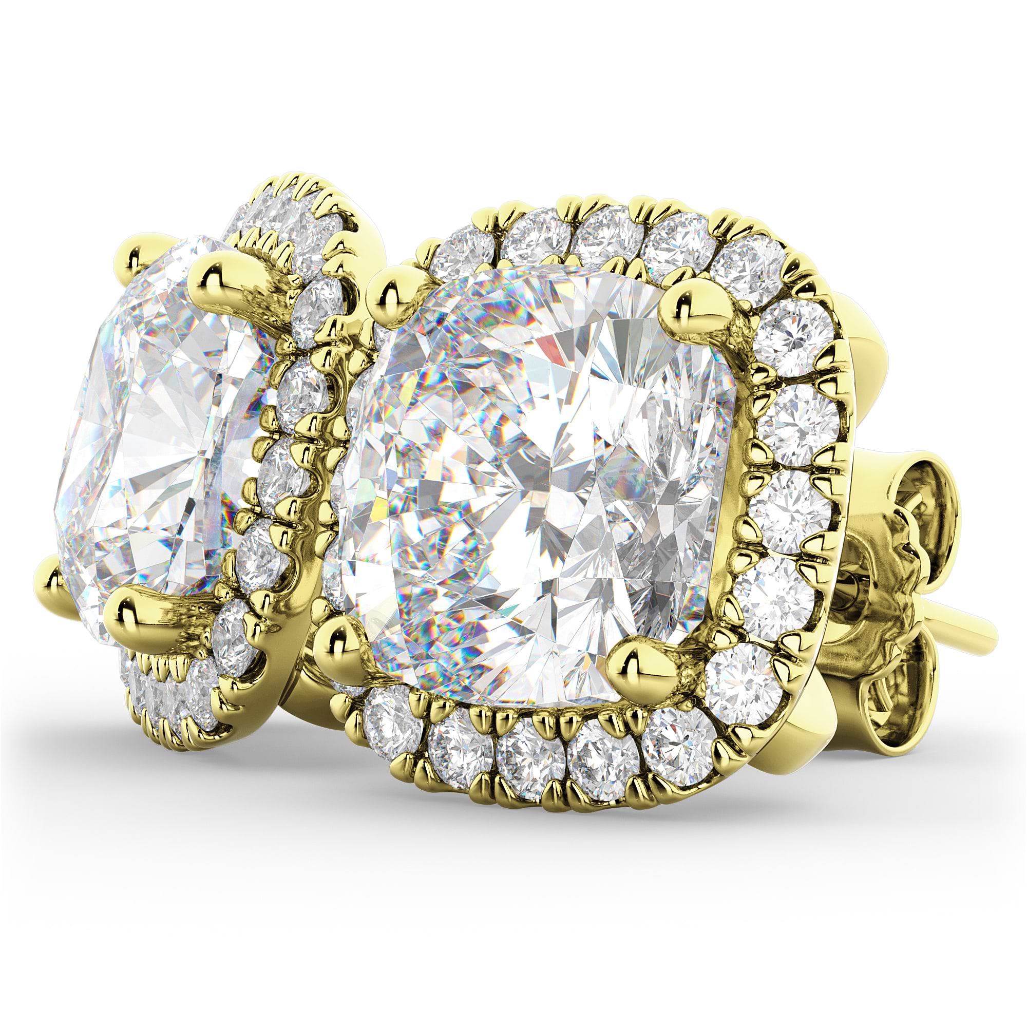 Halo Cushion Moissanite & Diamond Earrings 14k Yellow Gold (3.52ct)