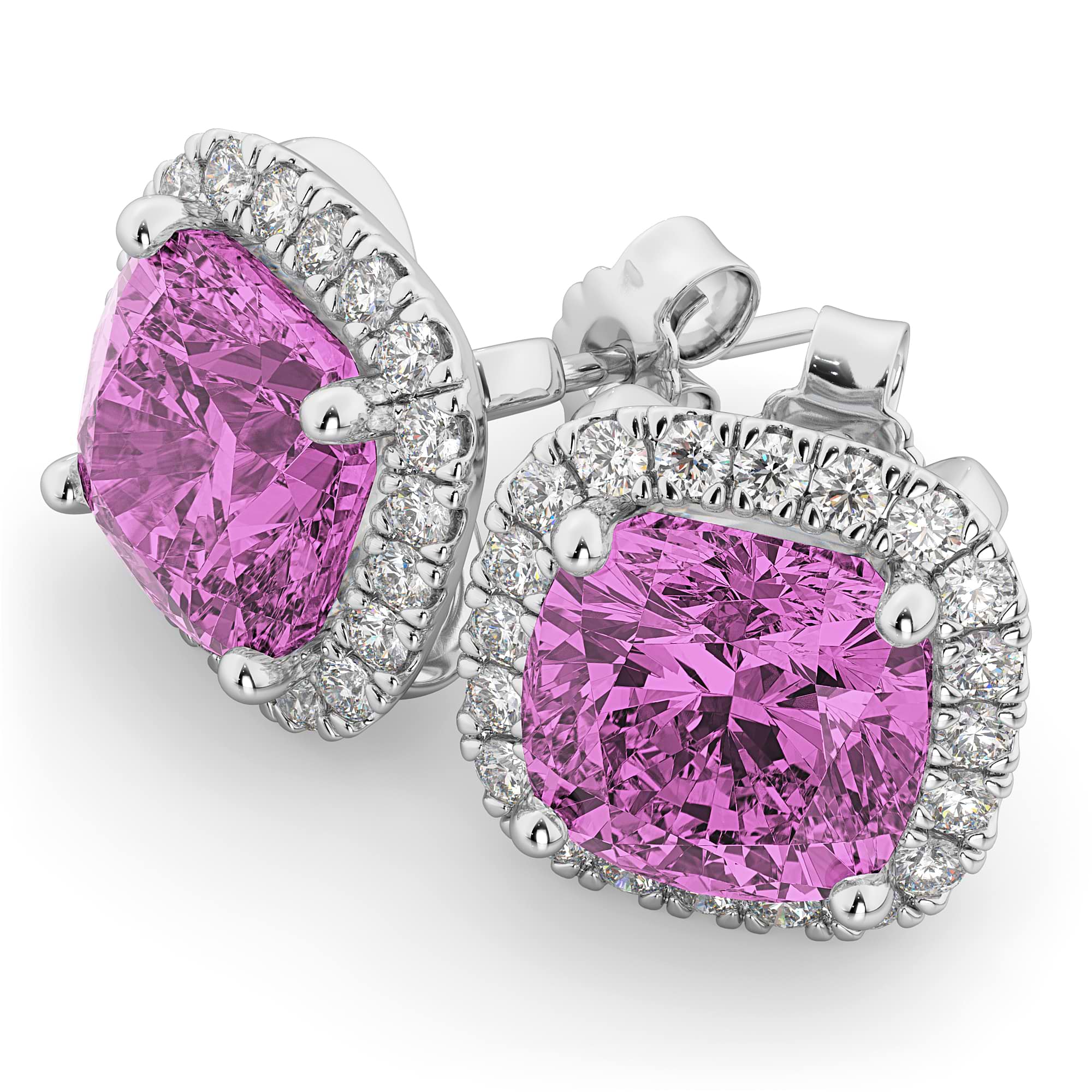 Halo Cushion Pink Sapphire & Diamond Earrings 14k White Gold (4.04ct)