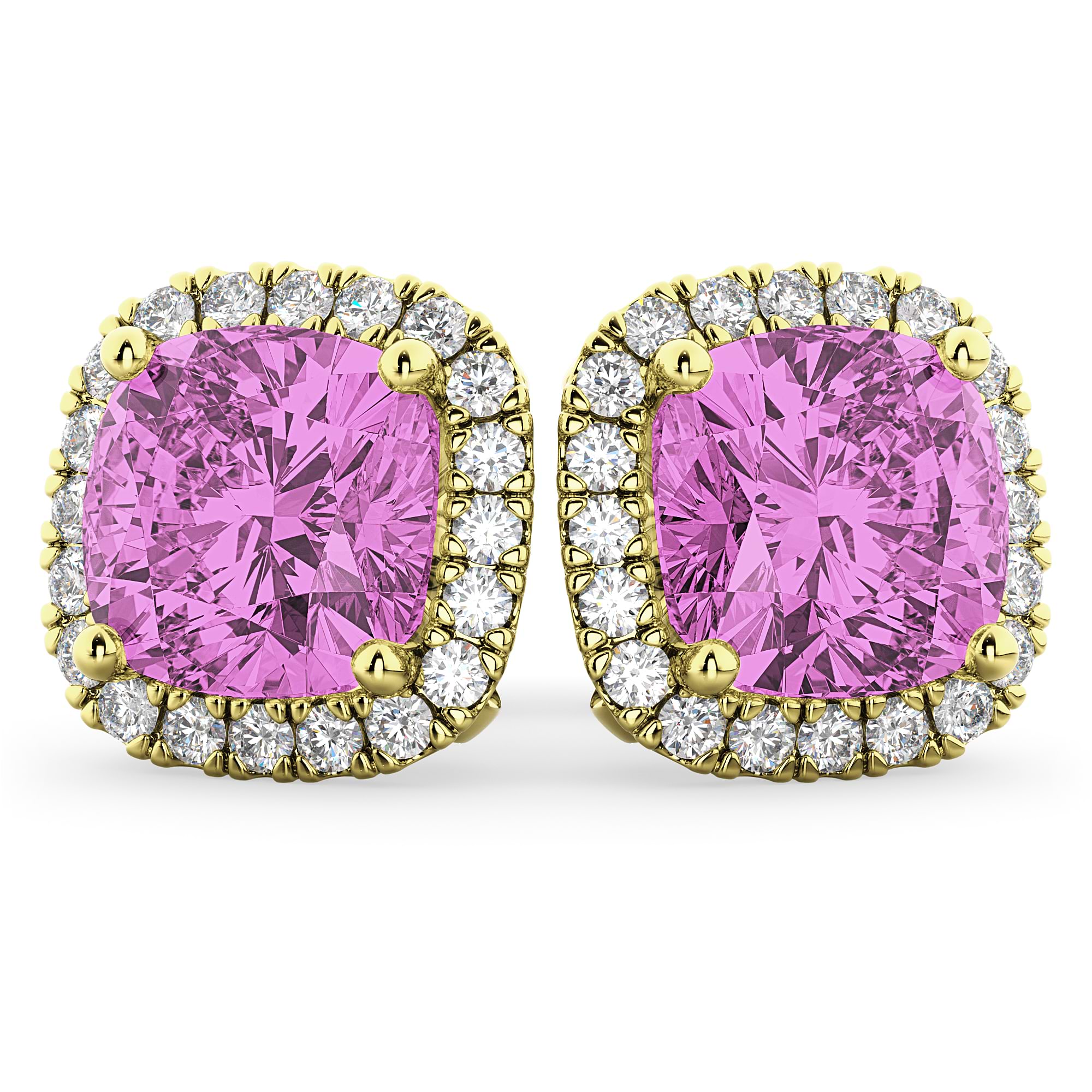 Halo Cushion Pink Sapphire & Diamond Earrings 14k Yellow Gold (4.04ct)