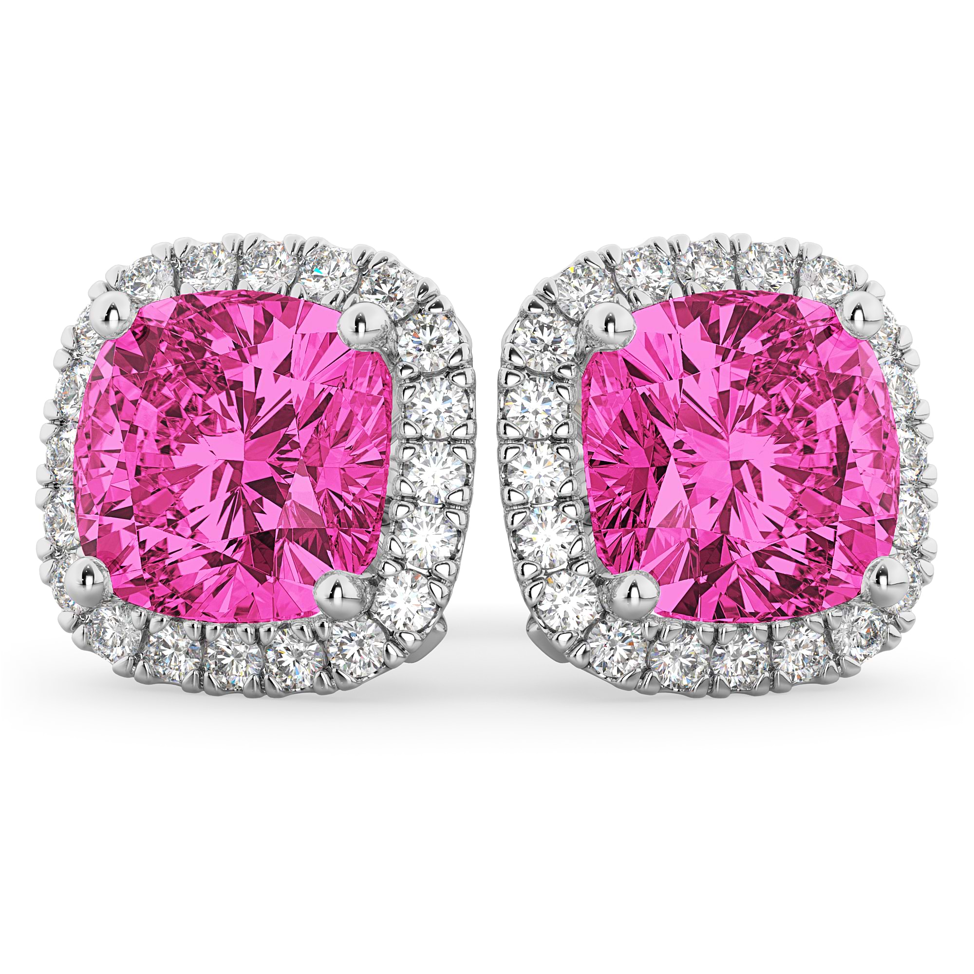 Halo Cushion Pink Tourmaline & Diamond Earrings 14k White Gold (4.04ct)