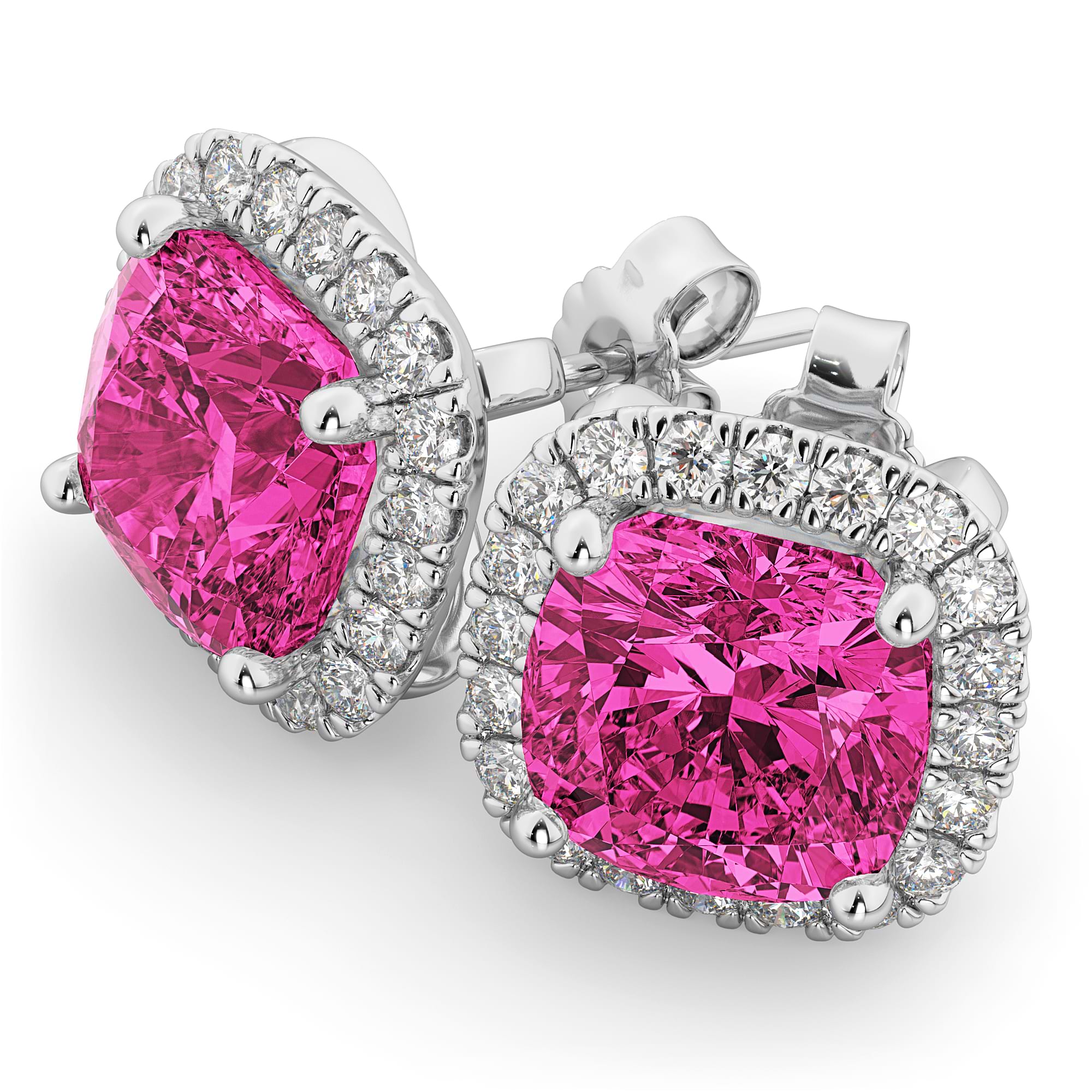 Halo Cushion Pink Tourmaline & Diamond Earrings 14k White Gold (4.04ct)