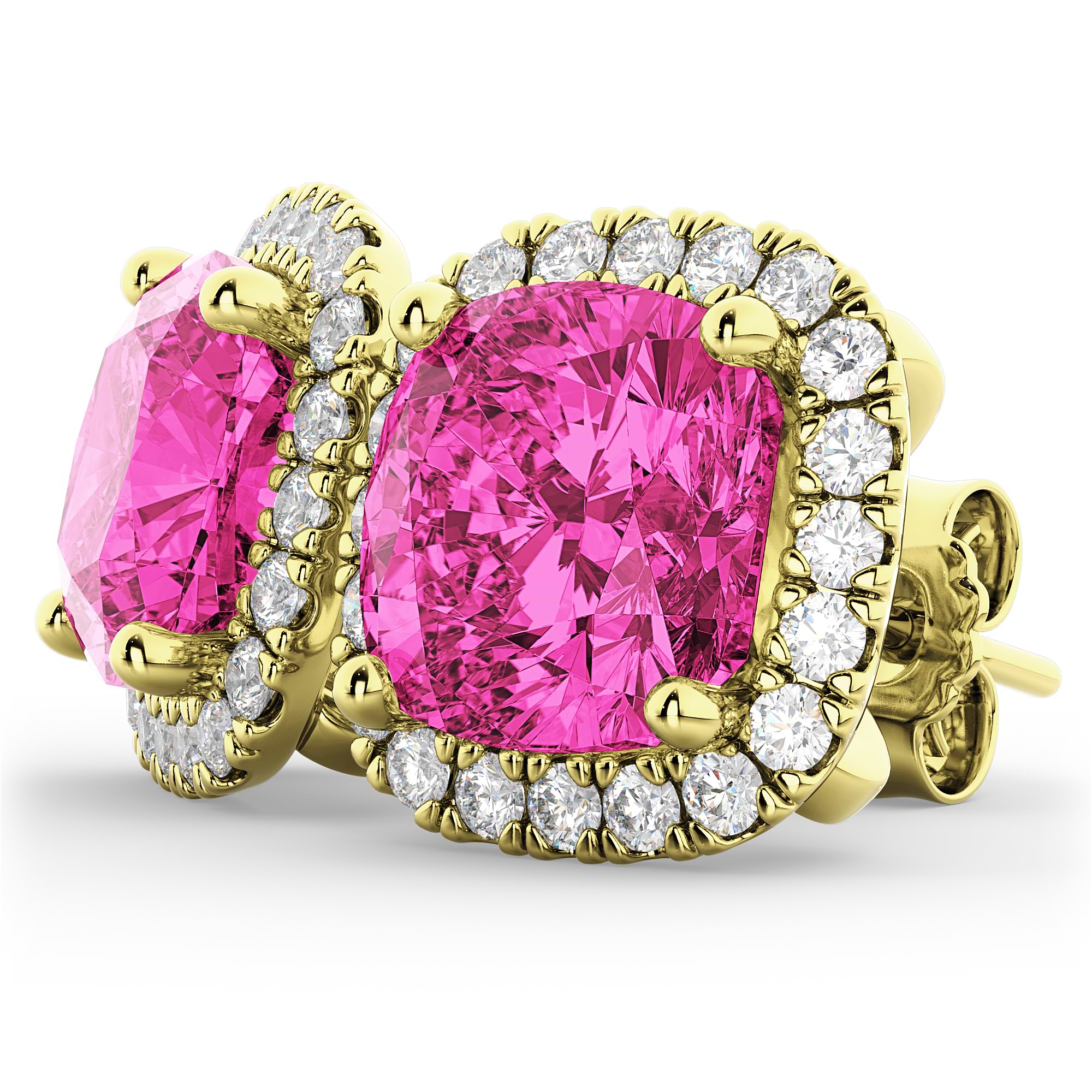 Halo Cushion Pink Tourmaline & Diamond Earrings 14k Yellow Gold (4.04ct)