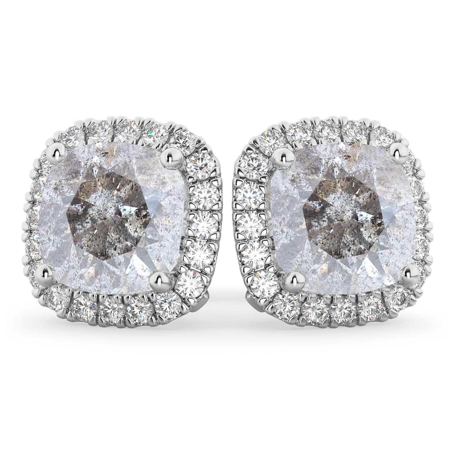 Cushion Cut Salt & Pepper Diamond & Diamond Earrings 14k White Gold (3.10ct)
