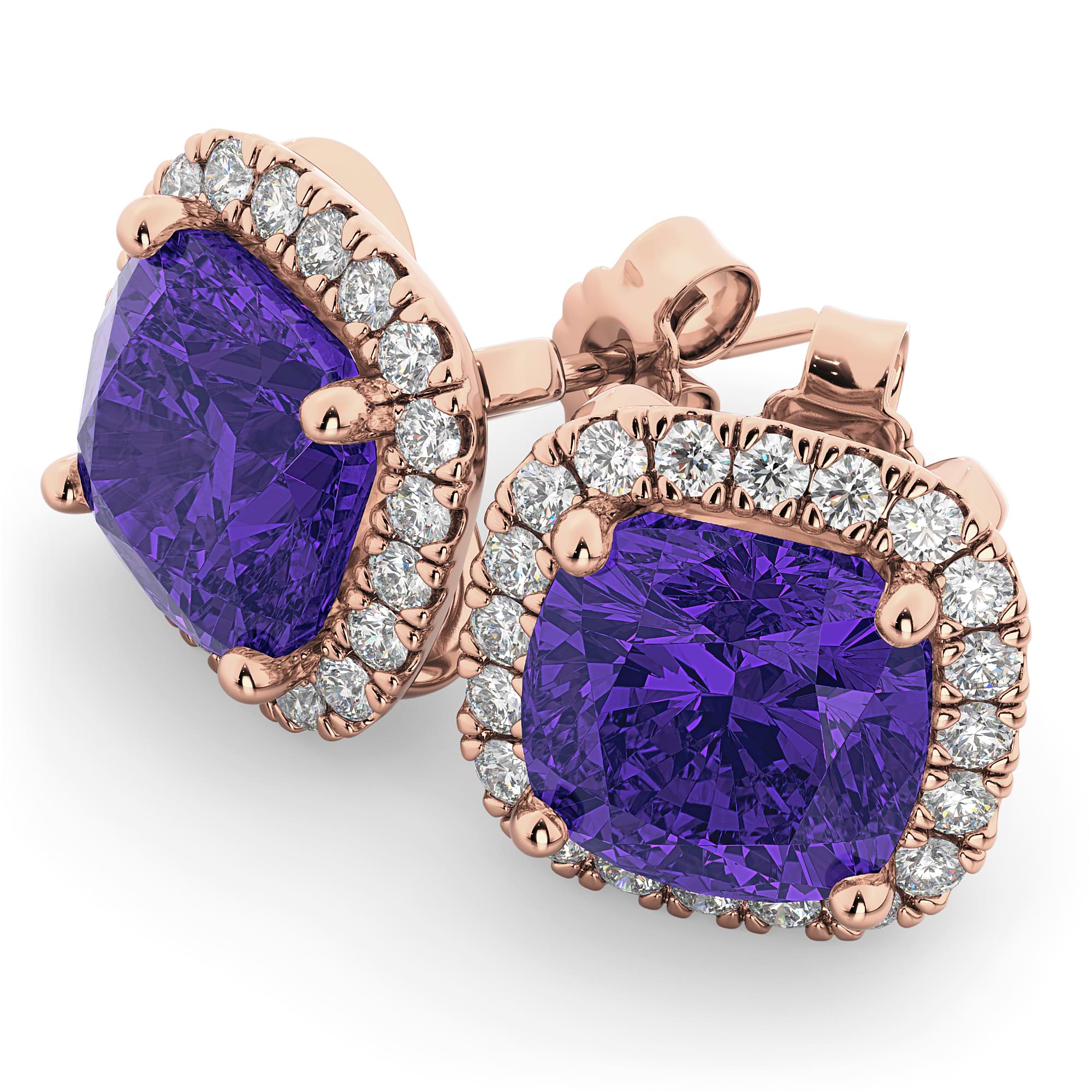 Halo Cushion Tanzanite & Diamond Earrings 14k Rose Gold (4.04ct)