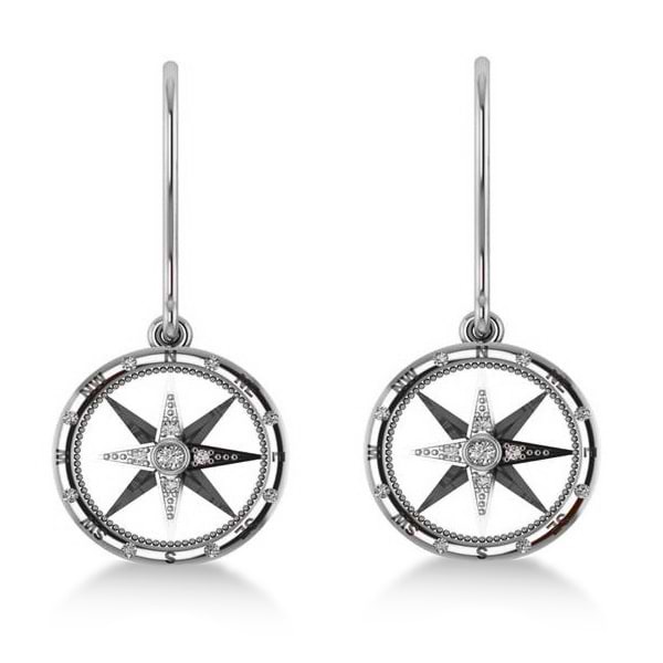 Diamond Nautical Dangle Compass Earrings 14k White Gold (0.16ct)