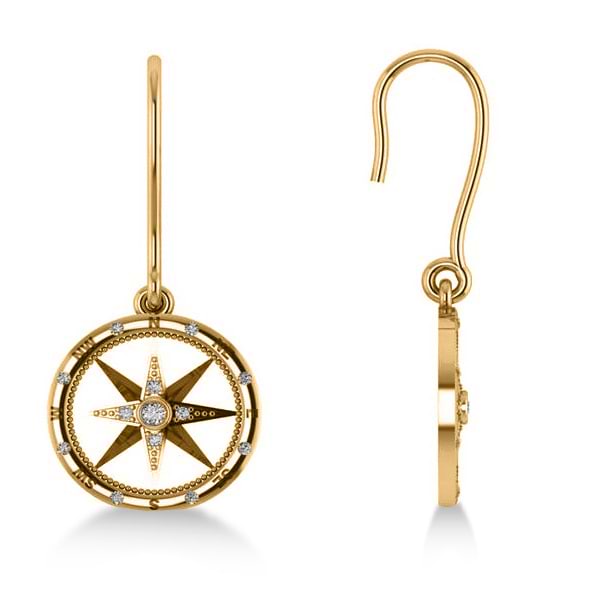 Diamond Nautical Dangle Compass Earrings 14k Yellow Gold (0.16ct)