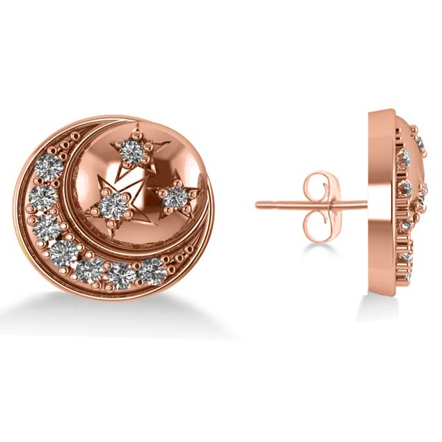 Diamond Crescent Moon and Stars Earrings 14k Rose Gold (0.28ct)