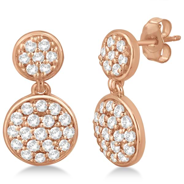 Pave Set Diamond Round Drop Earrings in 14k Rose Gold (1.03 ct)