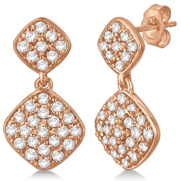 Pave Set Diamond Square Drop Earrings in 14k Rose Gold (1.07 ct)