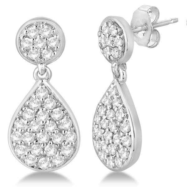 Pave Set Diamond Dangling Teardrop Earrings in 14k White Gold 1.15ct