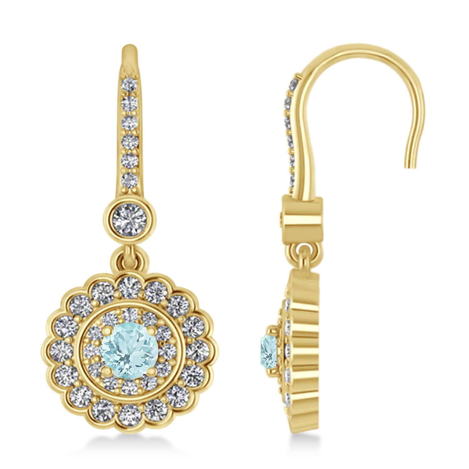 Diamond & Aquamarine Double Halo Drop Earrings 14K Yellow Gold (1.60ct)
