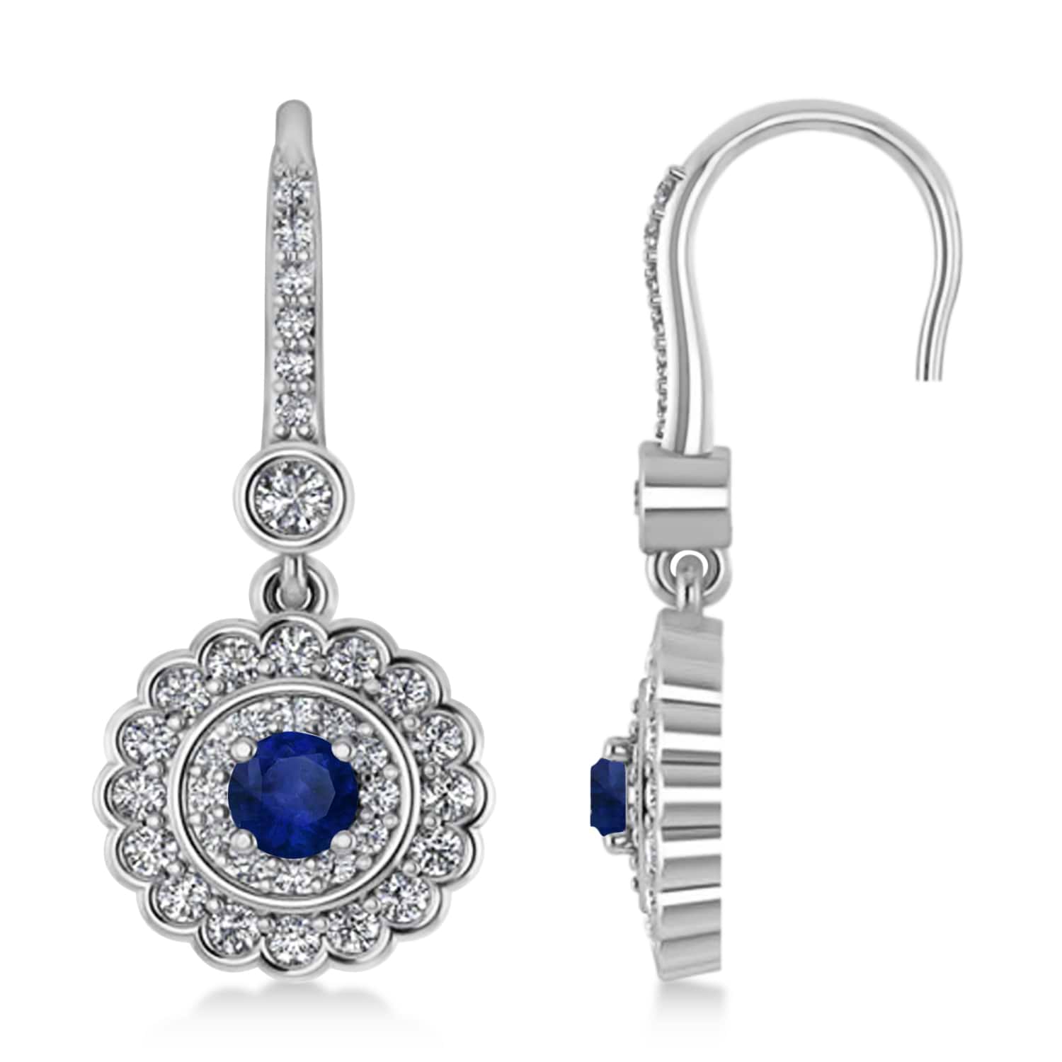 Diamond & Blue Sapphire Halo Drop Earrings 14K White Gold (1.60ct)