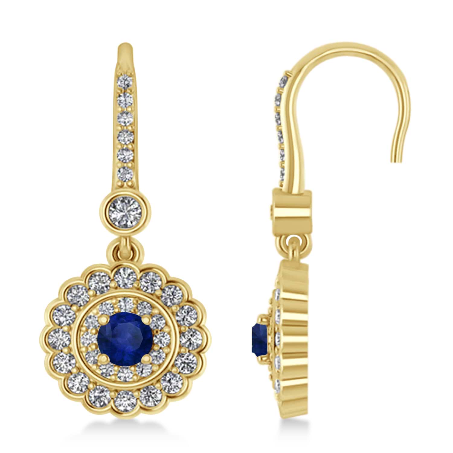 Diamond & Blue Sapphire Halo Drop Earrings 14K Yellow Gold (1.60ct)