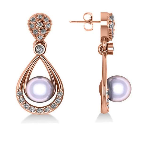 Pearl & Diamond Tear Drop Earrings 14k Rose Gold (0.39ct)