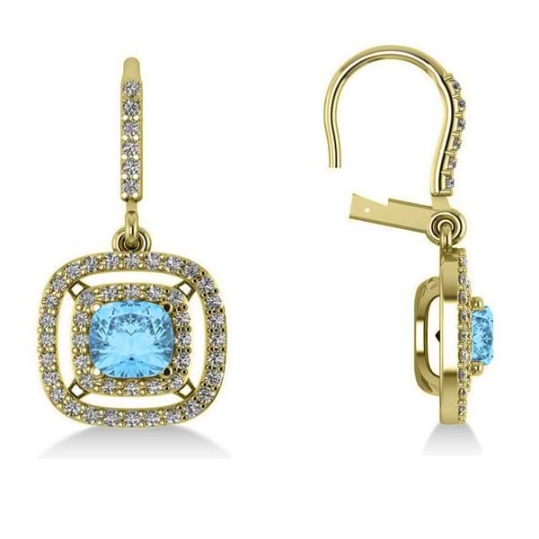 Blue Topaz & Diamond Double Halo Dangling Earrings 14k Y Gold (3.00ct)