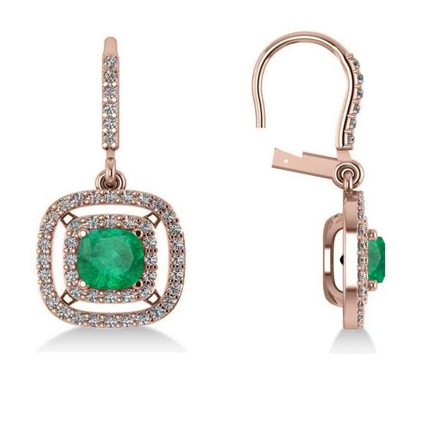 Emerald & Diamond Double Halo Dangling Earrings 14k Rose Gold (3.00ct)