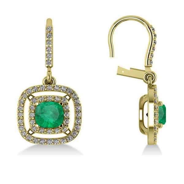 Emerald & Diamond Double Halo Dangling Earrings 14k Yellow Gold (3.00ct)