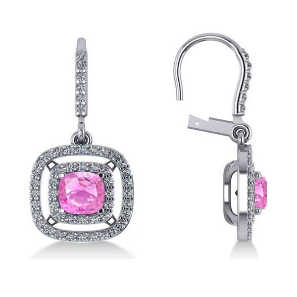 Pink Sapphire & Diamond Halo Dangling Earrings 14k White Gold (3.00ct)