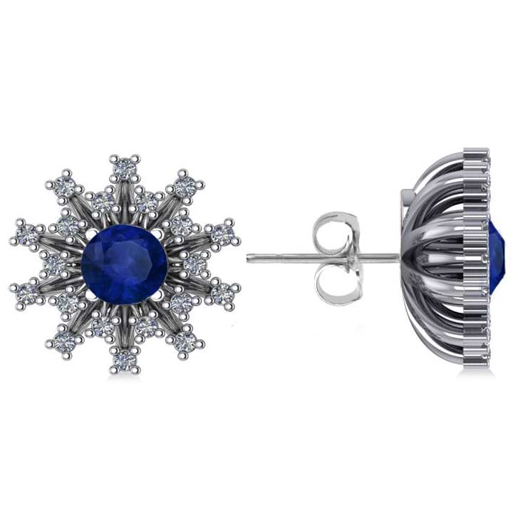 Blue Sapphire & Diamond Sunburst Earrings 14k White Gold (1.60ct)