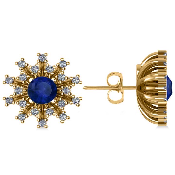 Blue Sapphire & Diamond Sunburst Earrings 14k Yellow Gold (1.60ct)
