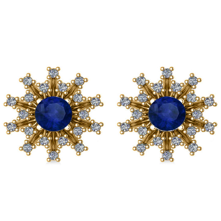 Blue Sapphire & Diamond Sunburst Earrings 14k Yellow Gold (1.60ct)