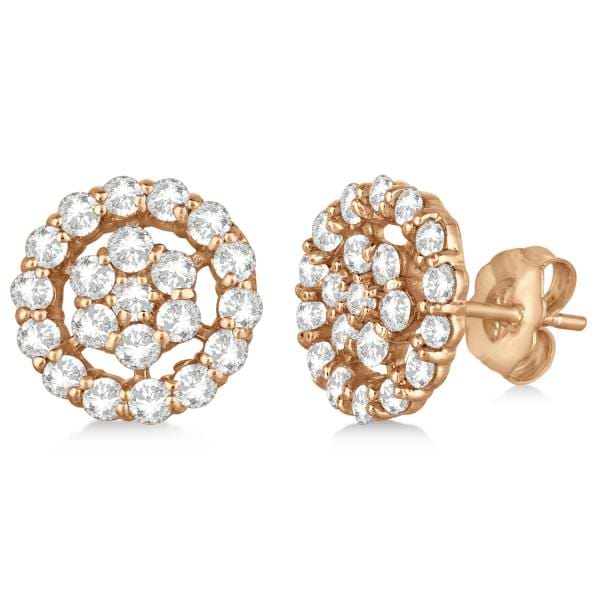 Diamond Cluster Earrings with Halo, Pave Set 14k Rose Gold 1.50ct