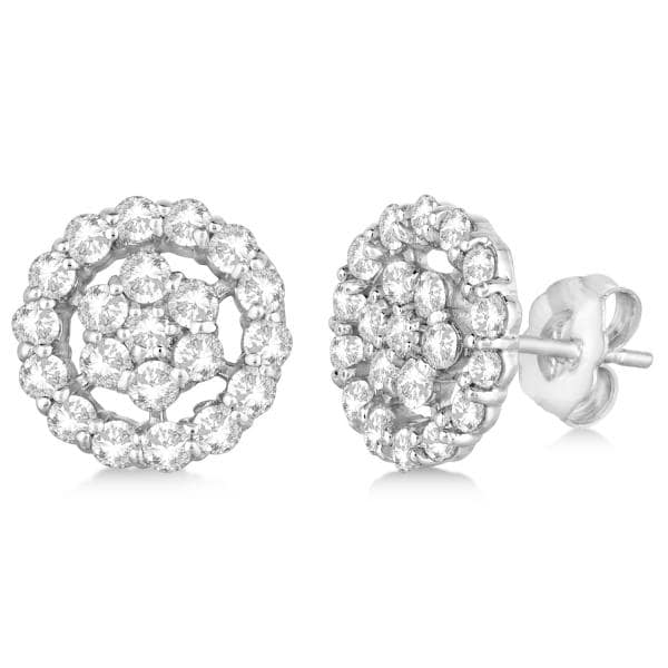 Diamond Cluster Earrings with Halo, Pave Set 14k White Gold 1.50ct