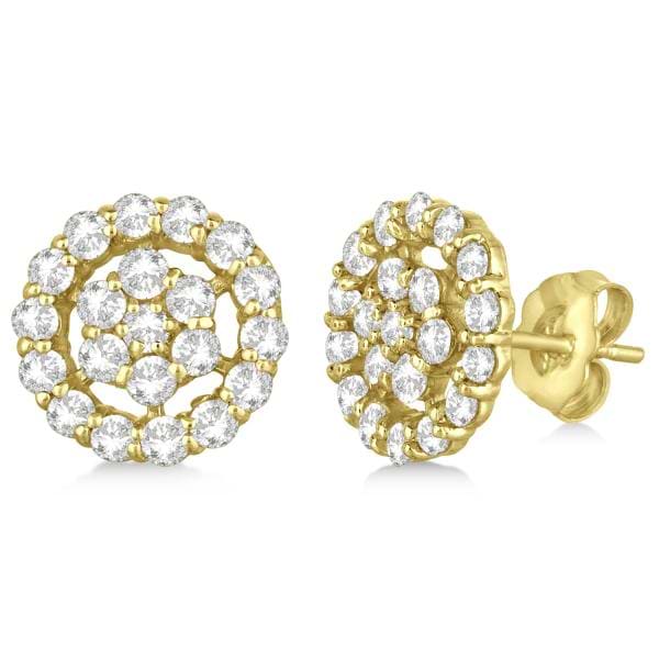Diamond Cluster Earrings with Halo, Pave Set 14k Yellow Gold 1.50ct