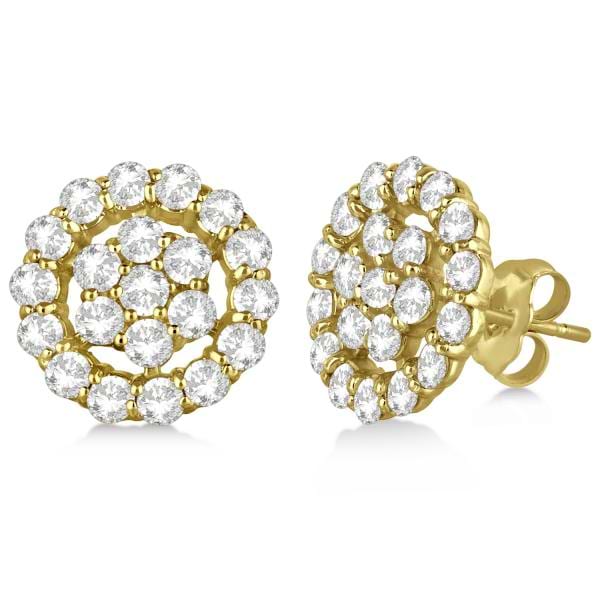 Diamond Cluster Earrings with Halo, Pave Set 14k Yellow Gold 2.01ct