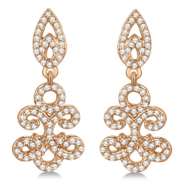Fleur De Lis Diamond Drop Earrings Pave Set 14k Rose Gold 0.80ct