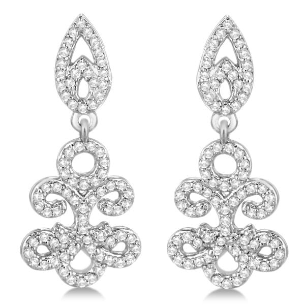 Fleur De Lis Diamond Drop Earrings Pave Set 14k White Gold 0.80ct