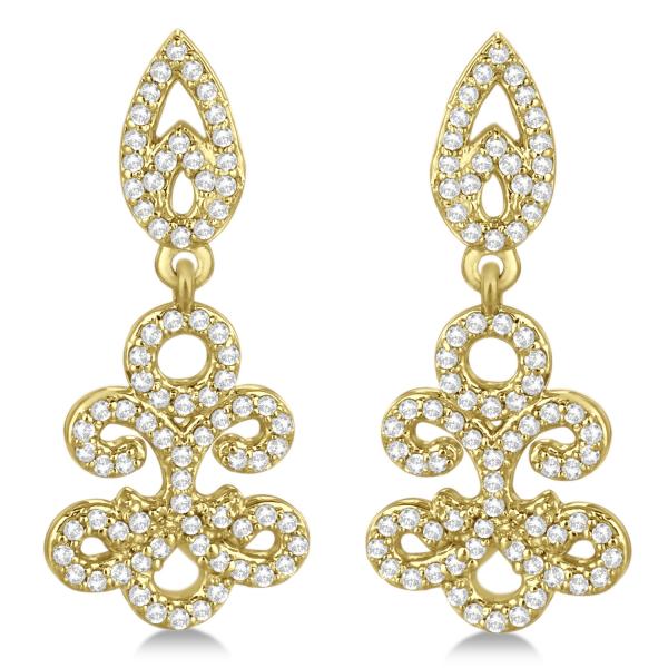 Fleur De Lis Diamond Drop Earrings Pave Set 14k Yellow Gold 0.80ct