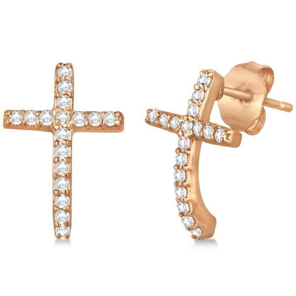 Pave Set Diamond Cross Post Earrings 14k Rose Gold 0.33 carats