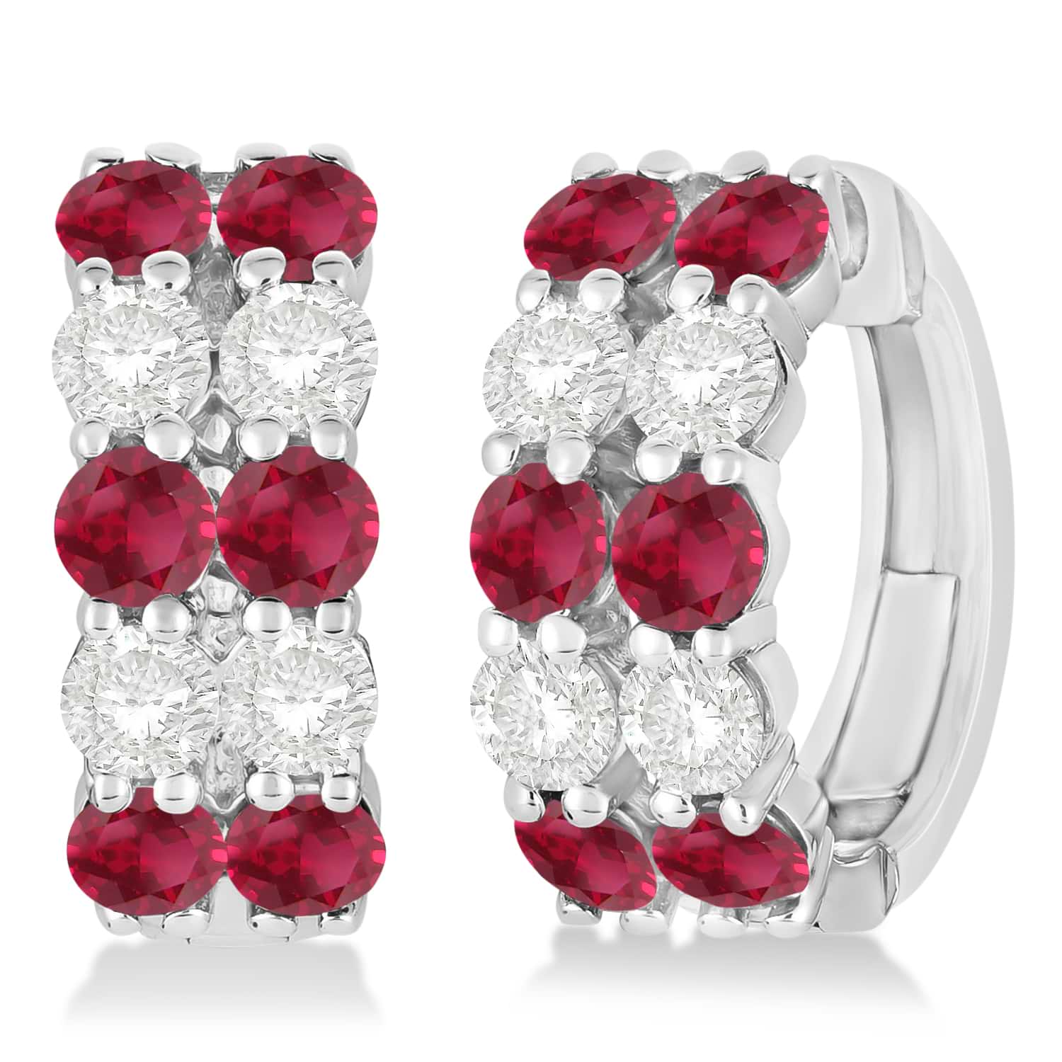 Double Row Ruby & Diamond Huggie Earrings 14k White Gold (2.60ct)