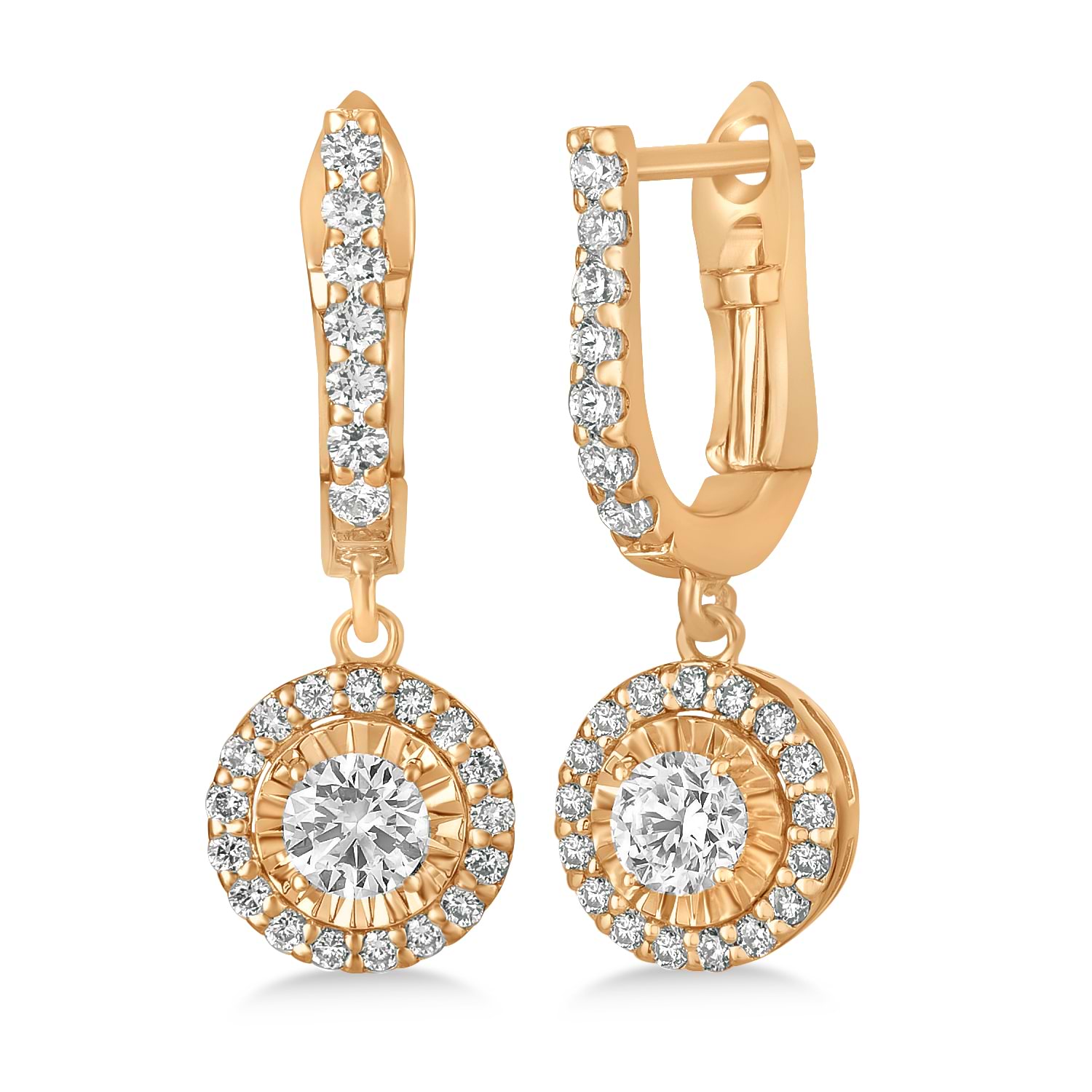 Round Diamond Halo Dangle Earrings in 14k Rose Gold (1.00 ctw)